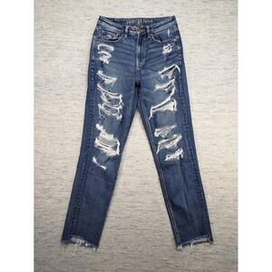 American Eagle Mom‎ Jeans Distressed Stretch Denim Blue Women's Size 6 Long